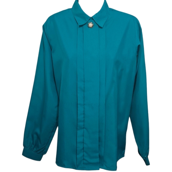 TR Bentley Vintage Center Brooch Collared Button Down Long Sleeve Top - Picture 1 of 4